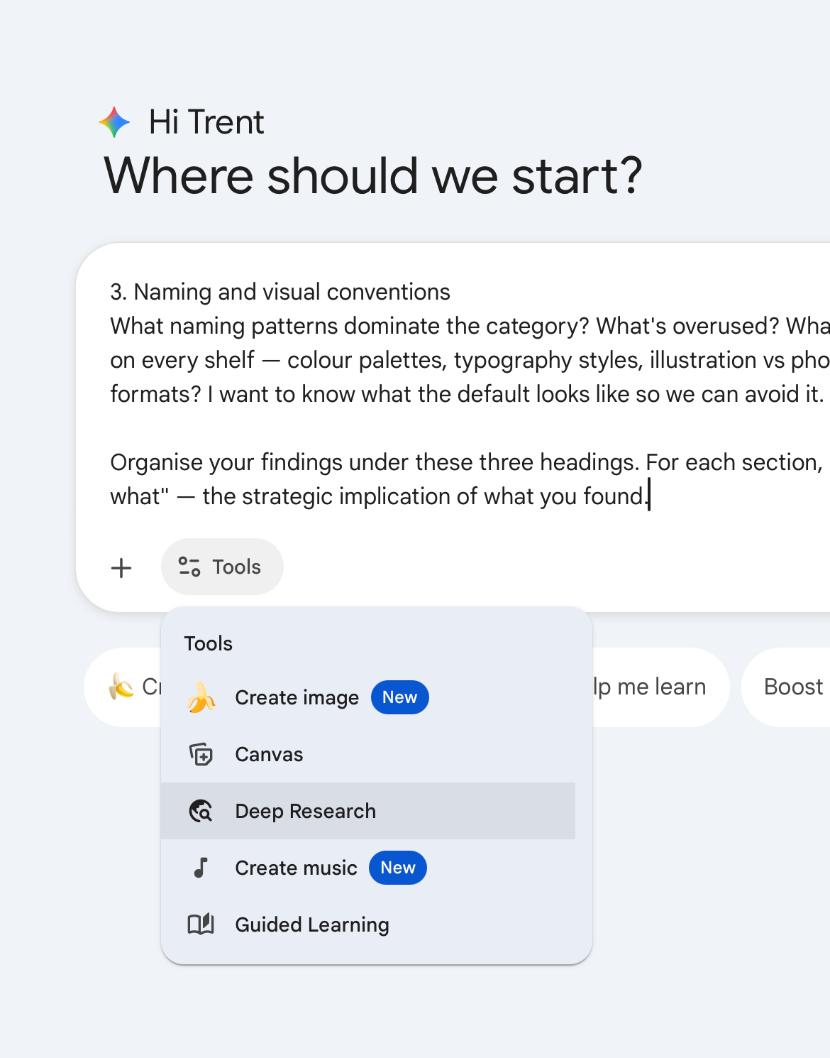 Select Deep Research from the Tools menu